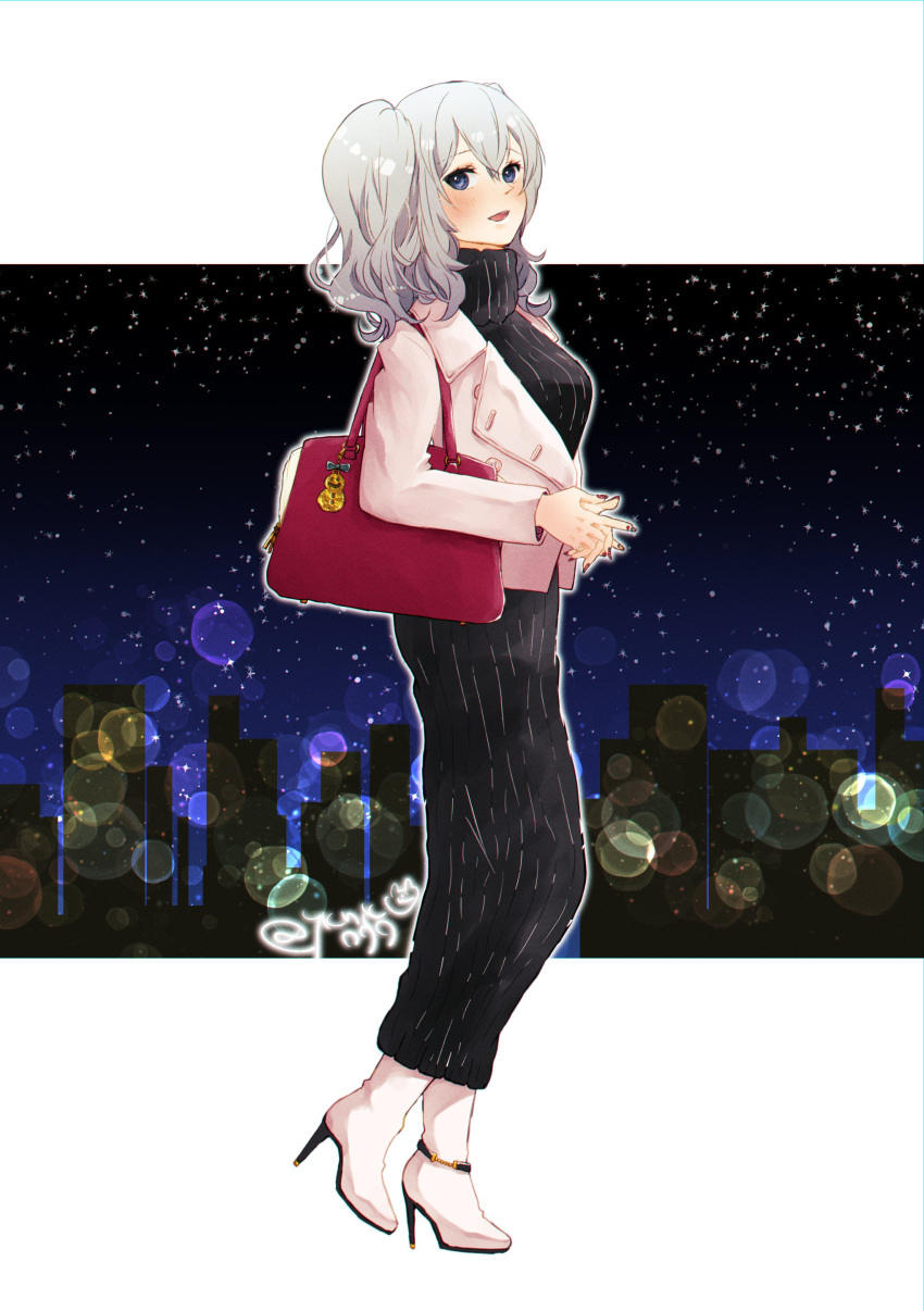 absurdres alternate_costume bag bangs black_dress blue_eyes boots breasts commentary_request dress full_body grey_eyes high_heel_boots high_heels highres jacket kantai_collection kashima_(kancolle) large_breasts looking_at_viewer nail_polish open_mouth red_bag red_nails ribbed_dress shoulder_bag sidelocks silver_hair solo tsurime turtleneck turtleneck_dress twintails wavy_hair white_footwear white_jacket yknk777