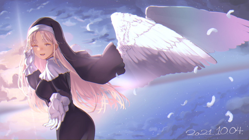 1girl angel_wings bangs beckoning clouds cloudy_sky crying crying_with_eyes_open dated eyebrows_visible_through_hair feathered_wings feathers gloves habit happy_tears herio highres light_brown_eyes light_brown_hair long_hair looking_at_viewer night night_sky nijisanji nun open_mouth outstretched_arm outstretched_hand reaching reaching_out rubbing_eyes sister_cleaire sky smile solo star_(sky) starry_sky sunset tears virtual_youtuber white_gloves white_wings wings wiping_tears