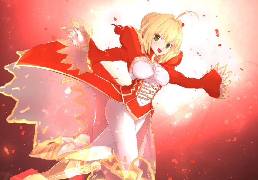 1girl ahoge blonde_hair braid breasts cleavage commentary_request drako9 dress epaulettes fate/extra fate/grand_order fate_(series) french_braid green_eyes hair_intakes hair_ribbon juliet_sleeves large_breasts long_sleeves nero_claudius_(fate) nero_claudius_(fate)_(all) puffy_sleeves red_dress red_ribbon ribbon saber_extra see-through solo wide_sleeves