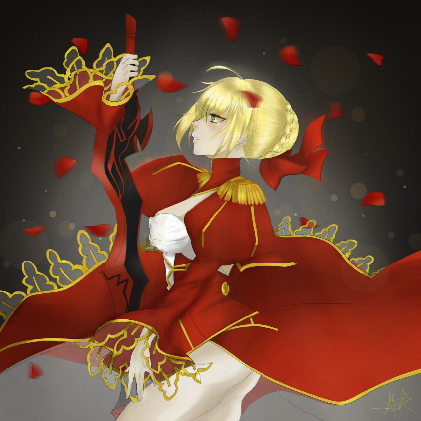 1girl aestus_estus ahoge astereane blonde_hair braid breasts cleavage commentary_request dress epaulettes fate/extra fate/grand_order fate_(series) french_braid green_eyes hair_intakes hair_ribbon juliet_sleeves large_breasts long_sleeves nero_claudius_(fate) nero_claudius_(fate)_(all) puffy_sleeves red_dress red_ribbon ribbon saber_extra see-through solo sword weapon wide_sleeves