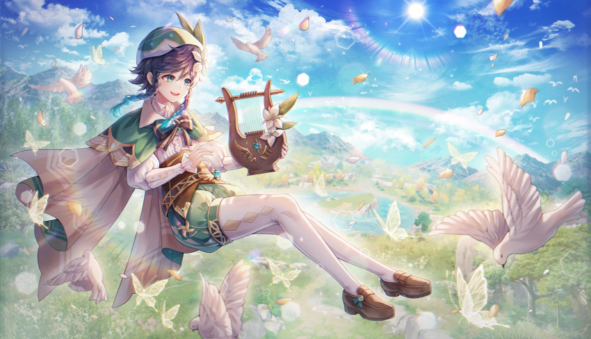 1boy androgynous animal argyle argyle_legwear bangs beret bird black_hair blue_hair bow braid brooch bug butterfly cape clouds cloudy_sky collared_cape collared_shirt commentary corset day feathers floating flower frilled_sleeves frills gem genshin_impact gradient_hair grass green_eyes green_headwear green_shorts hair_flower hair_ornament hat hayun highres holding holding_instrument instrument jewelry leaf long_sleeves lyre male_focus mountainous_horizon multicolored_hair open_mouth outdoors pantyhose petals pinwheel pond rainbow revision shirt shoes short_hair_with_long_locks shorts sky smile solo sun tree twin_braids venti_(genshin_impact) vision_(genshin_impact) water white_flower white_legwear white_shirt