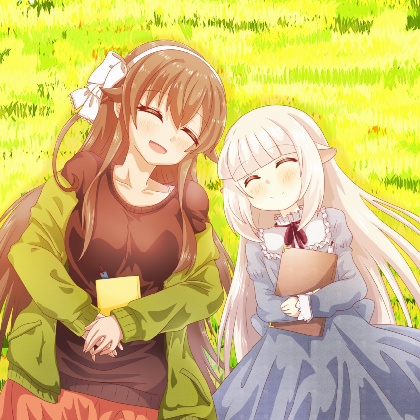 .live 2girls animal_ears blush breasts brown_hair casual closed_eyes collarbone commentary_request grass headband highres jacket large_breasts lying merry_milk multiple_girls notebook silver_hair soiru virtual_youtuber yaezawa_natori