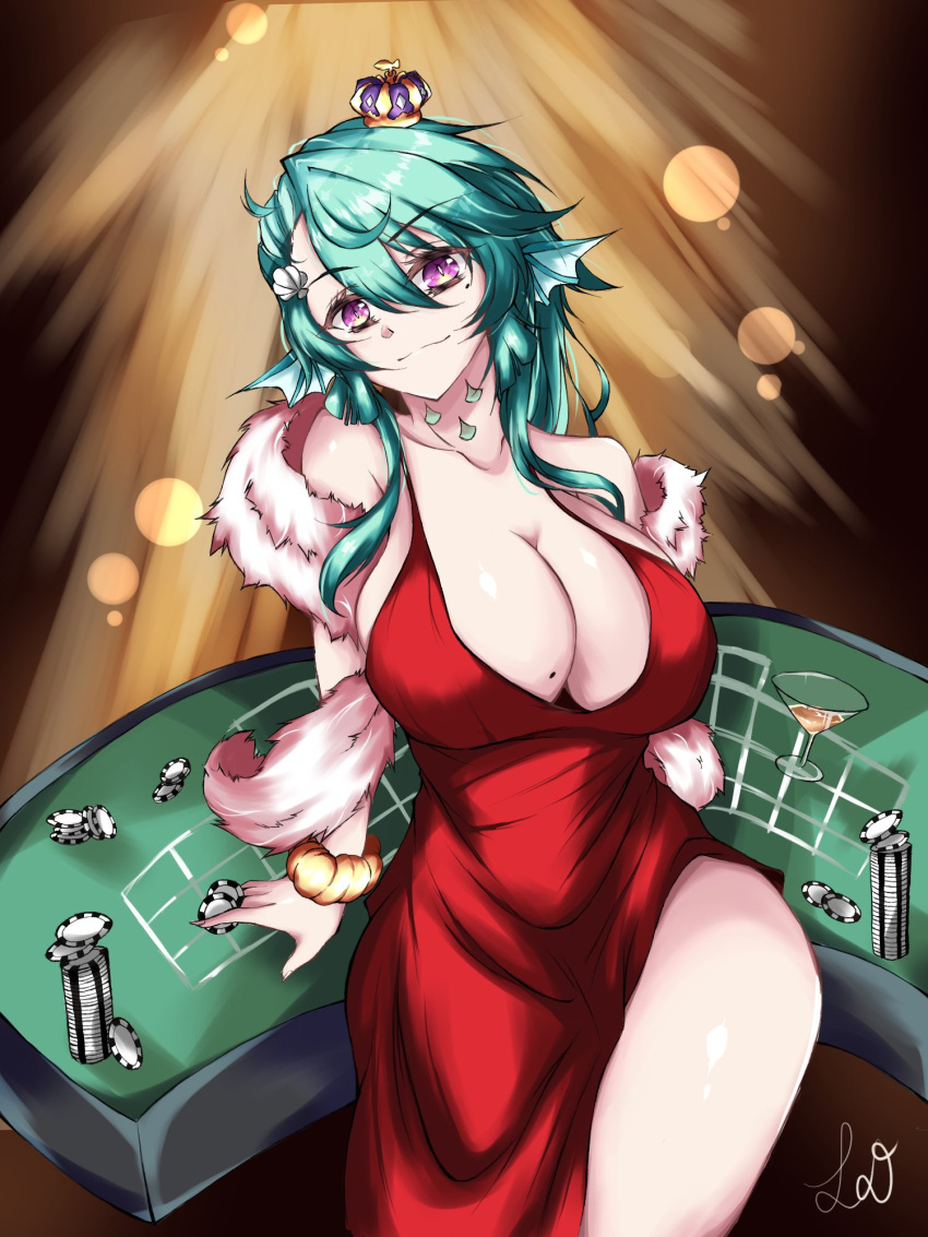 1girl alternate_breast_size alternate_costume breasts cocktail_glass collarbone crown cup dress drinking_glass eyebrows_visible_through_hair finana_ryugu fur_scarf head_fins head_tilt highres large_breasts leon_decarabia looking_at_viewer neck_tattoo nijisanji nijisanji_en poker_chip red_dress sitting smile solo tattoo virtual_youtuber