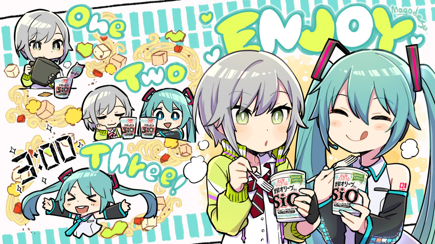 2girls :3 :o :q ^_^ bangs black_sleeves black_slime blue_eyes blue_hair blue_nails blue_necktie blush chibi closed_eyes closed_mouth commentary_request cup_noodle detached_sleeves green_eyes grey_hair grey_shirt hatsune_miku highres hinomori_shiho long_hair long_sleeves mago multiple_girls necktie official_art project_sekai ramen shirt short_hair sidelocks tongue tongue_out twintails very_long_hair vocaloid