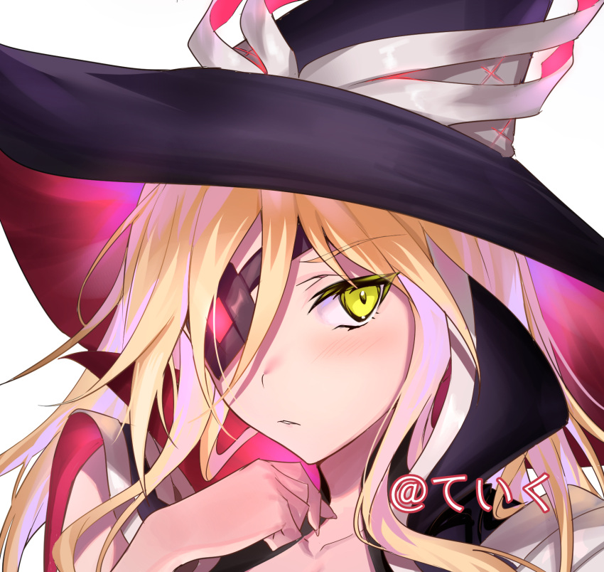 1girl black_eyepatch blonde_hair blush collarbone eyebrows_visible_through_hair eyepatch eyes_visible_through_hair face fingernails glowing glowing_clothes green_eyes hair_between_eyes hat highres long_fingernails long_hair othinus parted_lips simple_background solo toaru_majutsu_no_index toaru_majutsu_no_index:_new_testament twitter_username ulrich_(tagaragakuin) upper_body white_background witch_hat x