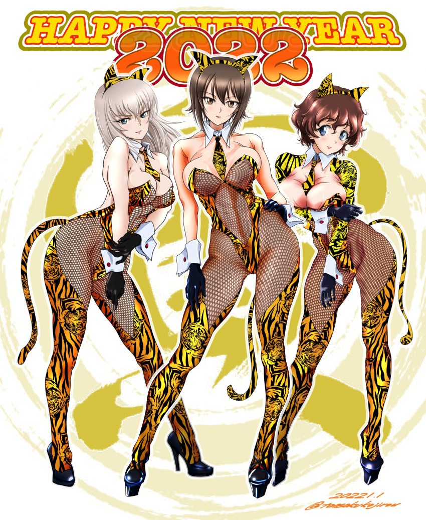 2022 3girls absurdres akaboshi_koume alternate_costume animal_ears animal_print background_text bangs bare_shoulders between_breasts black_bodysuit black_footwear black_gloves blue_eyes bodysuit breast_hold breasts brown_eyes brown_hair chinese_zodiac closed_mouth collar commentary dated detached_collar english_text eyebrows_visible_through_hair fake_animal_ears fake_tail fishnet_bodysuit fishnets girls_und_panzer gloves hand_on_hip hand_on_own_arm happy_new_year head_tilt high_heels highleg highleg_leotard highres itsumi_erika jacket large_breasts leaning_forward leaning_to_the_side leotard long_sleeves looking_at_viewer medium_breasts medium_hair multiple_girls necktie new_year nishizumi_maho orange_legwear orange_leotard orange_necktie print_legwear print_leotard print_necktie print_sleeves short_hair shrug_(clothing) side-by-side silver_hair smile standing tail thigh-highs tiger_ears tiger_print tiger_tail tomokoji twitter_username wavy_hair white_collar wing_collar wrist_cuffs year_of_the_tiger yellow_jacket