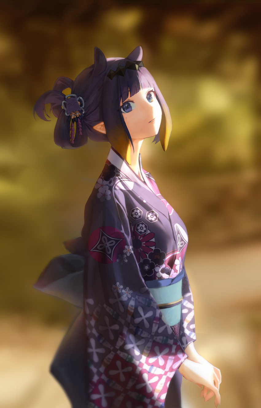 1girl absurdres animal_ears arms_at_sides bangs blue_eyes blunt_bangs breasts closed_eyes cowboy_shot diamond_hairband expressionless from_side gradient_hair highres hololive hololive_english holomyth japanese_clothes kimono looking_at_viewer mole mole_under_eye multicolored_hair ninomae_ina'nis obi official_alternate_costume orange_hair pointy_ears purple_hair sash sidelocks soi_iii solo sunlight tentacle_hair virtual_youtuber