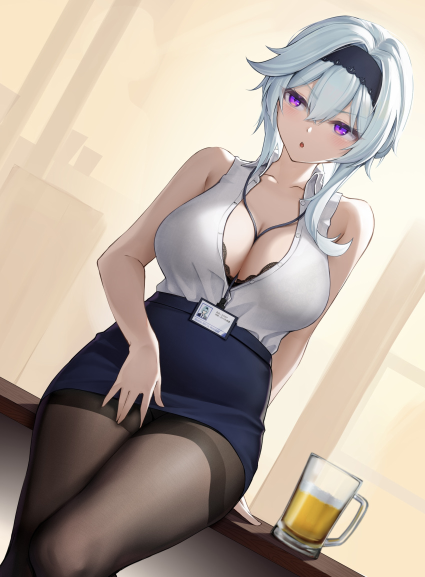 1girl absurdres arm_behind_back arm_support bangs bare_shoulders black_bra black_legwear bra bra_peek breasts collarbone collared_shirt contemporary cup eula_(genshin_impact) genshin_impact hair_between_eyes hairband half-closed_eyes high-waist_skirt highres large_breasts light_blue_hair looking_to_the_side pantyhose parted_lips pencil_skirt shirt sitting skirt sleeveless sleeveless_shirt solo terebi_(shimizu1996) thick_thighs thighband_pantyhose thighs underwear unfinished v-shaped_eyebrows violet_eyes white_shirt