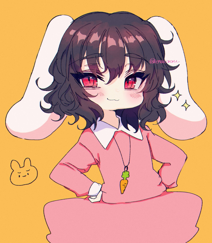 1girl animal_ears artist_name bangs black_hair blush brown_hair carrot_necklace closed_mouth collared_dress dress eyebrows_visible_through_hair hair_between_eyes hands_on_hips highres inaba_tewi long_sleeves looking_to_the_side orange_background pink_dress rabbit_ears red_eyes renakobonb short_hair simple_background smile solo star_(symbol) touhou