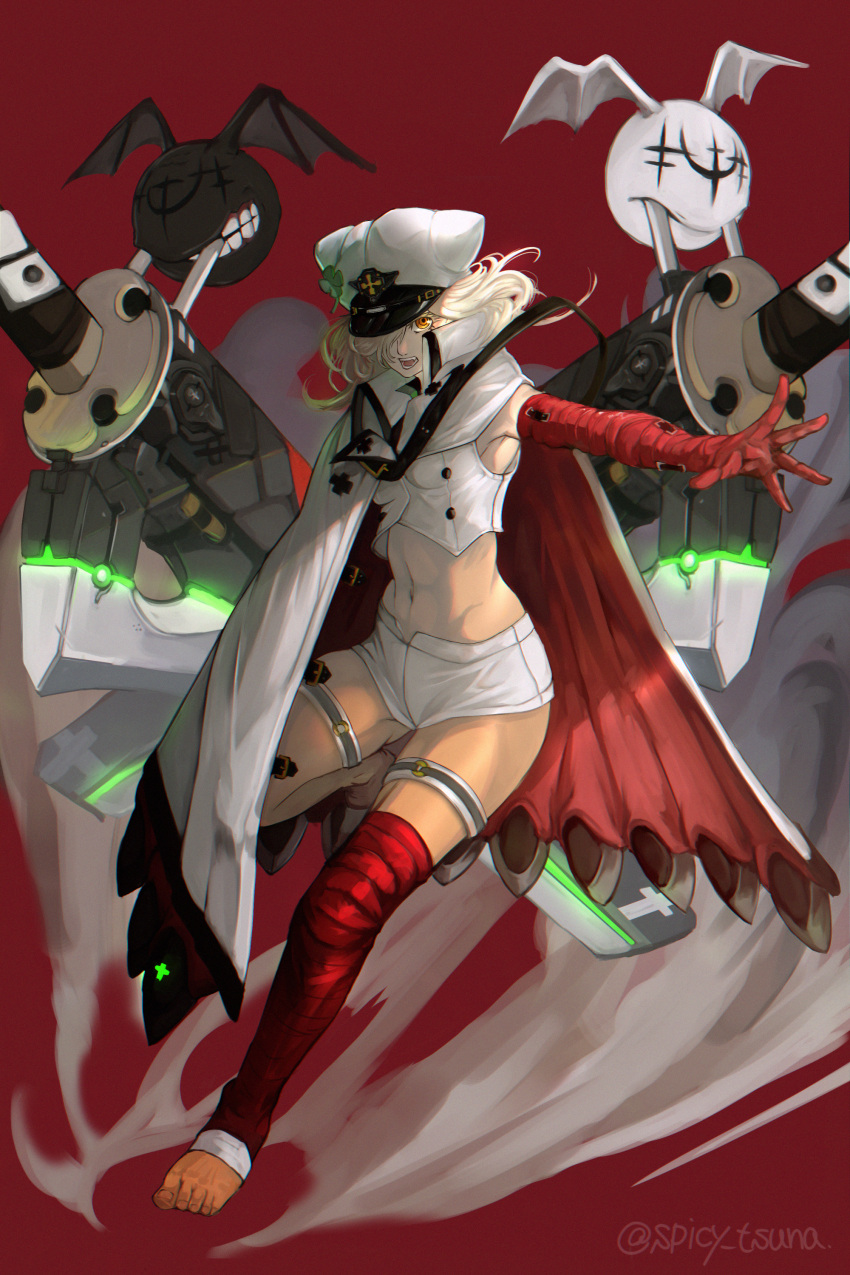 1girl absurdres arm_up bandages barefoot belt clover coat collared_coat dark-skinned_female dark_skin eyelashes feet feet_up four-leaf_clover full_body guilty_gear guilty_gear_strive hair_between_eyes hat high_collar highres leg_wrap long_hair looking_at_viewer lucifero midriff open_mouth orange_eyes parted_lips pink_nails platinum_blonde_hair ramlethal_valentine red_background short_shorts shorts signature simple_background soles solo teeth thigh_strap toenails toes tsuna_(akmu8832) white_coat white_headwear yellow_eyes