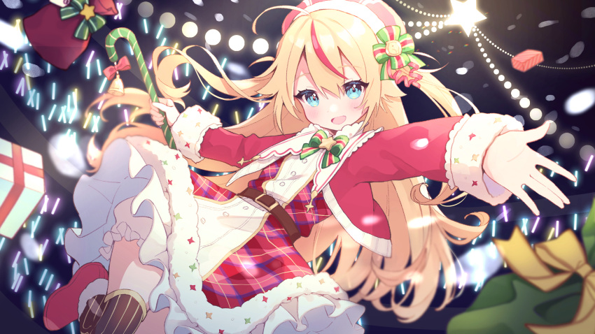 1girl ahoge bangs bell belt belt_buckle blonde_hair blurry blurry_foreground blush bow buckle buttons cane chidori_hina christmas collared_jacket concert cropped_jacket dress eyebrows_visible_through_hair frilled_dress frills fur_trim gift hair_between_eyes hat_ornament highres holding holding_cane jacket leg_up lens_flare long_hair looking_at_viewer mameyanagi multicolored_clothes multicolored_hair multicolored_legwear official_art open_mouth outstretched_arms penlight pinstripe_legwear pinstripe_pattern plaid plaid_dress red_footwear red_headwear red_jacket ribbon santa_costume smile solo_focus stage_lights star_(symbol) streaked_hair string_lights striped striped_legwear thigh-highs throwing two-tone_legwear vertical-striped_legwear vertical_stripes virtual_youtuber white_fur