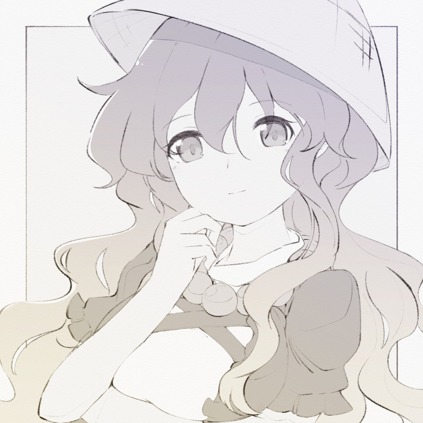 1girl absurdres ajirogasa arm_under_breasts beads gbcolor_(naza) greyscale hair_between_eyes hand_on_own_cheek hand_on_own_face hand_up hat highres hijiri_byakuren light_smile long_hair monochrome simple_background solo touhou upper_body wavy_hair