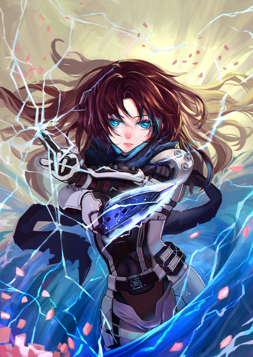 1girl absurdres apex_legends armor bangs blue_eyes blue_scarf brown_hair electricity floating_hair gloves glowing glowing_eyes highres holding holding_knife knife kunai long_hair official_alternate_costume parted_lips petals scarf smile solo voidwalker_wraith weapon white_gloves wraith's_kunai wraith_(apex_legends) zhujun0431