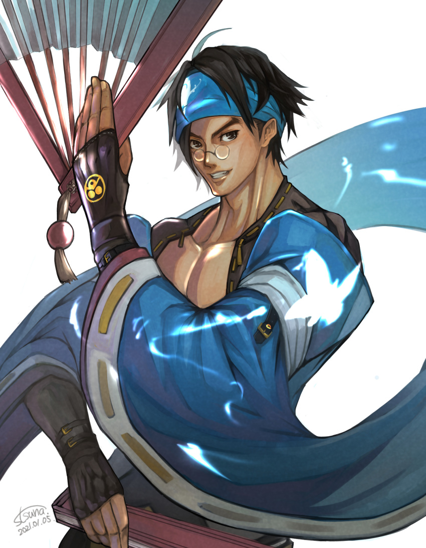 1boy abs bare_pectorals belt_buckle black_clothes blue_headwear brown_eyes buckle collarbone fingerless_gloves folding_fan glasses gloves guilty_gear guilty_gear_strive hand_fan highres japanese_clothes male_focus mito_anji muscular muscular_male pectorals short_hair signature simple_background smile solo_focus tsuna_(akmu8832) white_background wide_sleeves