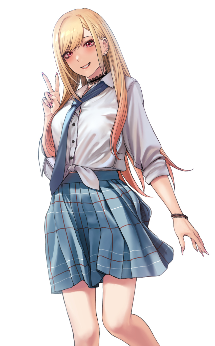 1girl applekun bangs black_choker blonde_hair blue_necktie bracelet choker colored_tips commentary ear_piercing english_commentary gradient_hair highres jewelry kitagawa_marin lace lace_choker long_hair multicolored_hair necktie parted_lips piercing pink_hair red_eyes reward_available school_uniform shirt simple_background skirt sleeves_rolled_up smile solo sono_bisque_doll_wa_koi_wo_suru tied_shirt v white_background white_shirt