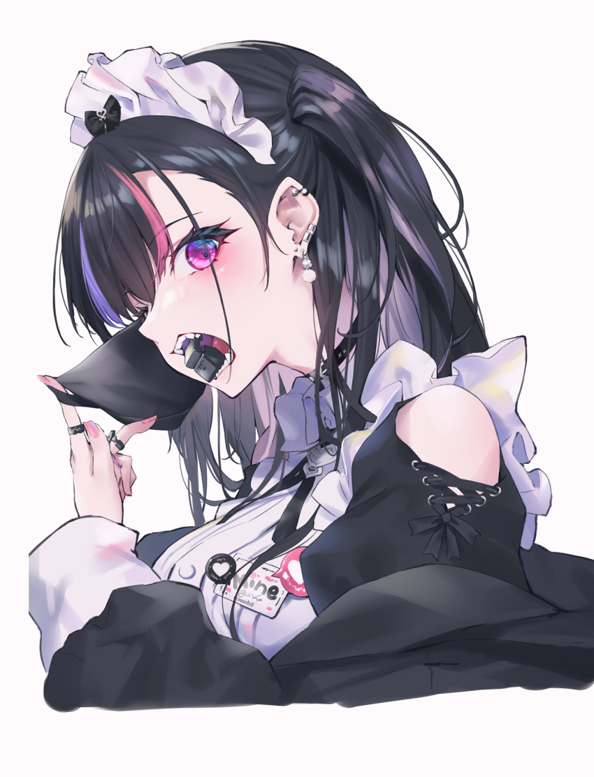 arms_note bare_shoulders black_hair breasts close-up dress earrings frilled_dress frills fukai_ryosuke highres id_card jewelry looking_at_viewer maid_headdress mask mask_pull medium_breasts mine_laying_maid mouth_hold mouth_mask multicolored_hair sharp_teeth teeth two_side_up violet_eyes white_background