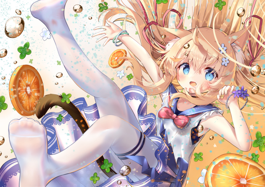 1girl animal_ear_fluff animal_ears arm_up bangs blonde_hair blue_bow blue_eyes blue_sailor_collar bow cat_ears cat_girl cat_tail commentary_request eyebrows_visible_through_hair flower food fruit hair_between_eyes hair_flower hair_ornament hair_ribbon hand_up leg_up no_shoes orange_(fruit) orange_slice original outstretched_arm pantyhose pink_bow pleated_skirt purple_flower red_ribbon ribbon sailor_collar shirt siera_(sieracitrus) skirt soles solo tail water_drop white_flower white_legwear white_shirt white_skirt