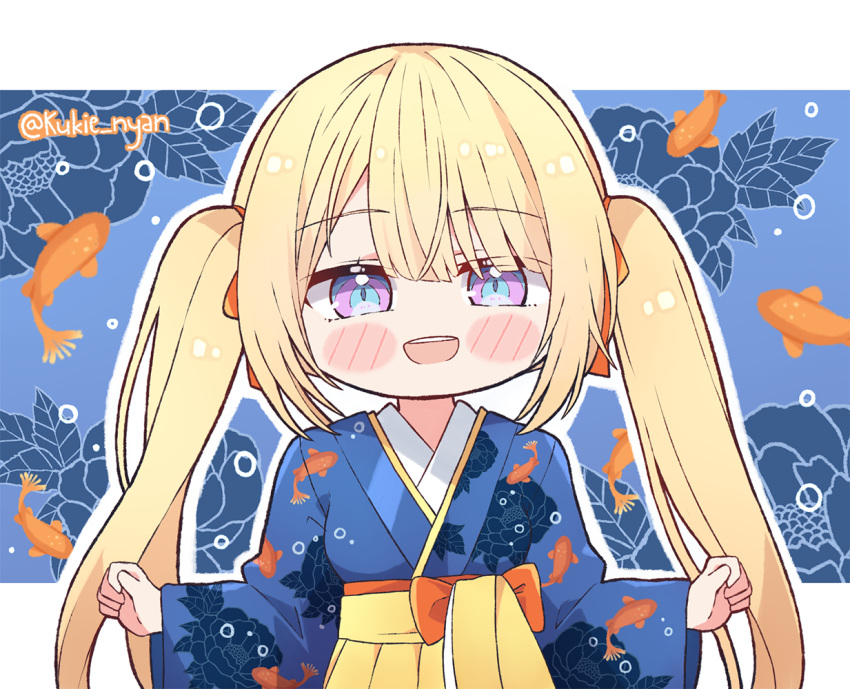 1girl bangs blonde_hair blue_eyes blush chibi hair_ornament hololive hololive_english japanese_clothes kimono kukie-nyan long_hair looking_at_viewer open_mouth smile solo twintails virtual_youtuber watson_amelia