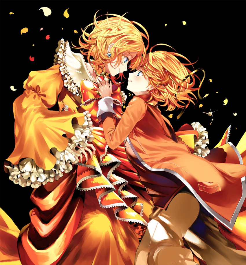 1boy 1girl aku_no_meshitsukai_(vocaloid) allen_avadonia beige_pants black_background blazer blonde_hair blue_eyes blush bow brother_and_sister choker clenched_teeth cosplay costume_switch crossdressing crying crying_with_eyes_open dress dress_bow earrings evillious_nendaiki eye_contact face-to-face floating_hair frilled_dress frilled_sleeves frills from_side hair_ribbon hair_undone highres jacket jewelry kagamine_len kagamine_rin leaning_forward leaning_on_person long_jacket looking_at_another messy_hair orange_bow orange_jacket petals ribbon riliane_lucifen_d'autriche siblings smile streaming_tears tears teeth twins vocaloid wide_sleeves yellow_dress yellow_nails yosurami