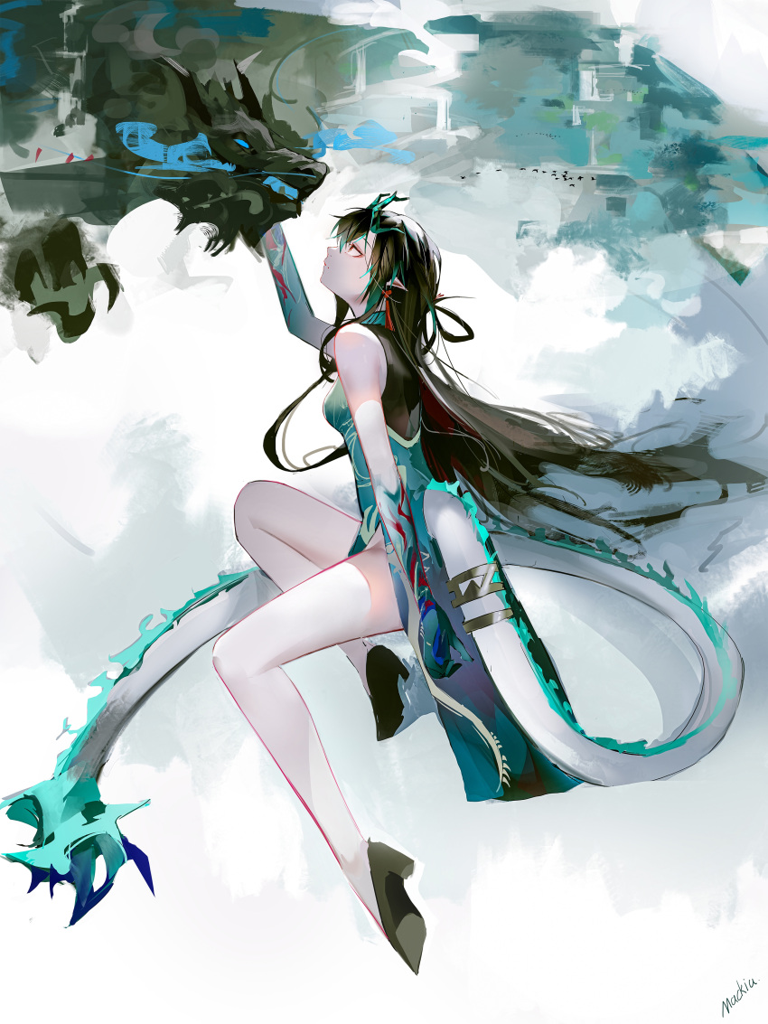 1girl absurdres aqua_dress arknights arm_up bangs bare_shoulders black_footwear black_hair commentary dress dusk_(arknights) dusk_(everything_is_a_miracle)_(arknights) from_side high_heels highres long_hair looking_up mackia profile sleeveless sleeveless_dress solo tail thighs