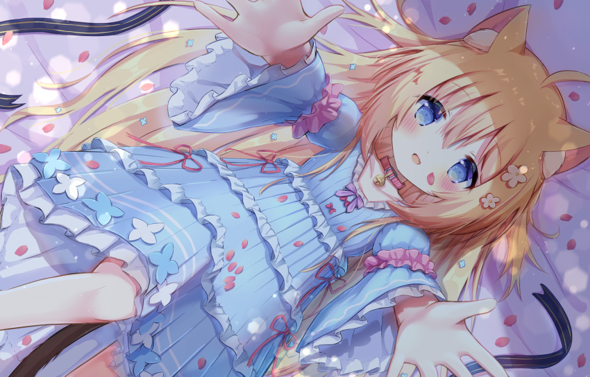 1girl :d ahoge animal_ear_fluff animal_ears bangs bed_sheet bell blonde_hair blue_dress blue_eyes blush cat_ears cat_girl cat_tail collar commentary_request dress eyebrows_visible_through_hair fang feet_out_of_frame frilled_dress frilled_sleeves frills hair_between_eyes highres jingle_bell juliet_sleeves knee_up long_hair long_sleeves looking_at_viewer lying neck_bell on_back original outstretched_arms petals pink_collar puffy_sleeves siera_(sieracitrus) smile solo tail very_long_hair wide_sleeves
