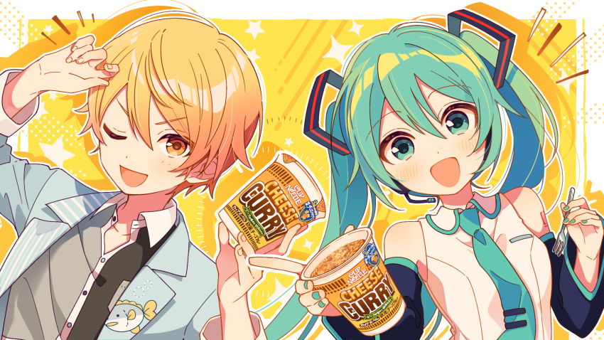1boy 1girl 4_(nakajima4423) :d bangs bare_shoulders black_shirt blonde_hair blue_eyes blue_hair blue_jacket blue_nails blue_necktie commentary_request cup cup_noodle detached_sleeves fork grey_shirt hatsune_miku headphones headset highres holding holding_cup holding_fork jacket long_hair long_sleeves looking_at_viewer microphone necktie number_tattoo official_art one_eye_closed project_sekai ramen shirt smile tattoo tenma_tsukasa twintails two-tone_shirt upper_body v-shaped_eyebrows very_long_hair vocaloid white_shirt yellow_eyes