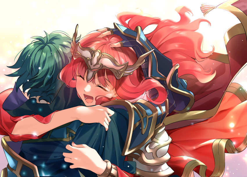 1boy 1girl alm_(fire_emblem) armor blue_armor blush cape celica_(fire_emblem) closed_eyes commentary_request couple dated earrings fingerless_gloves fire_emblem fire_emblem_echoes:_shadows_of_valentia fire_emblem_heroes from_behind gloves green_hair hand_on_another's_head happy headpiece hetero hug husband_and_wife jewelry long_hair misu_kasumi open_mouth red_cape redhead revision short_hair smile