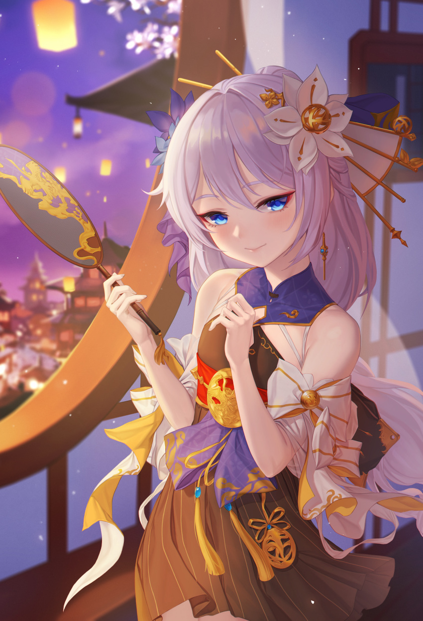1girl absurdres architecture bangs bare_shoulders blue_eyes blurry blurry_background cherry_blossoms china_dress chinese_clothes closed_mouth dkxlek dress earrings east_asian_architecture flower hair_flower hair_ornament hand_fan highres holding holding_fan honkai_(series) honkai_impact_3rd indoors jewelry lantern long_hair looking_at_viewer night night_sky sky sleeveless smile solo theresa_apocalypse theresa_apocalypse_(starlit_astrologos) white_flower white_hair window zhuge_kongming_(honkai_impact)