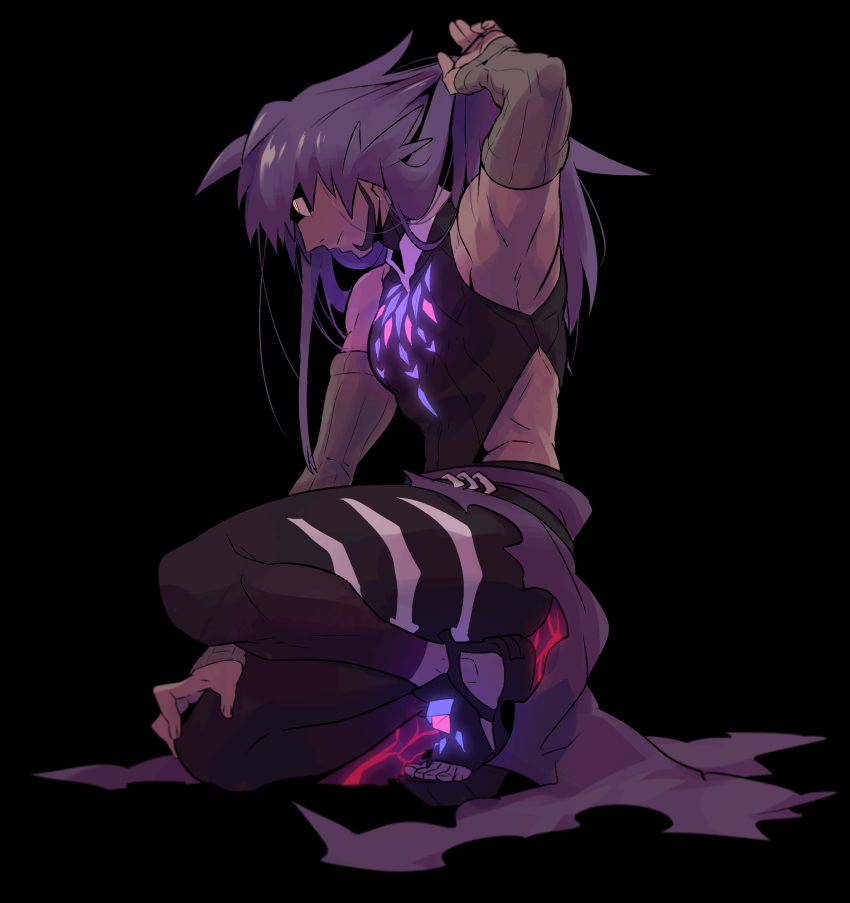 1boy absurdres arm_up armpits bangs bare_shoulders black_background closed_mouth commentary_request dark-skinned_male dark_skin detached_sleeves facial_hair from_side highres korean_commentary leon_(pokemon) long_hair male_focus official_alternate_costume one_knee pokemon pokemon_(game) pokemon_masters_ex purple_hair redlhzz sandals solo toes yellow_eyes