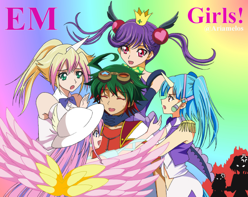 1boy 4girls ahoge ariamelos arm_up armpits blonde_hair blue_hair blue_ribbon blush breasts buttons center_opening choker cleavage duel_monster entermate_lady_angel epaulettes eyebrows goggles goggles_on_head green_eyes green_hair green_nails hair_ornament hat high_ponytail highres hiiragi_yuzu holding_goggles horn houchun_mieru interlocked_fingers large_breasts leotard long_hair long_sleeves looking_at_viewer midriff multicolored_hair multiple_girls nail_polish navel open_mouth performapal_corn performapal_helpprincess performapal_uni pink_hair pink_nails ponytail purple_hair red_eyes red_shirt redhead ribbon sakaki_yuuya shirt short_sleeves single_horn sleeveless smile solo spiky_hair star tail tied_hair twintails two-tone_hair wings wrist_cuffs yu-gi-oh! yu-gi-oh!_arc-v yuu-gi-ou yuu-gi-ou_arc-v