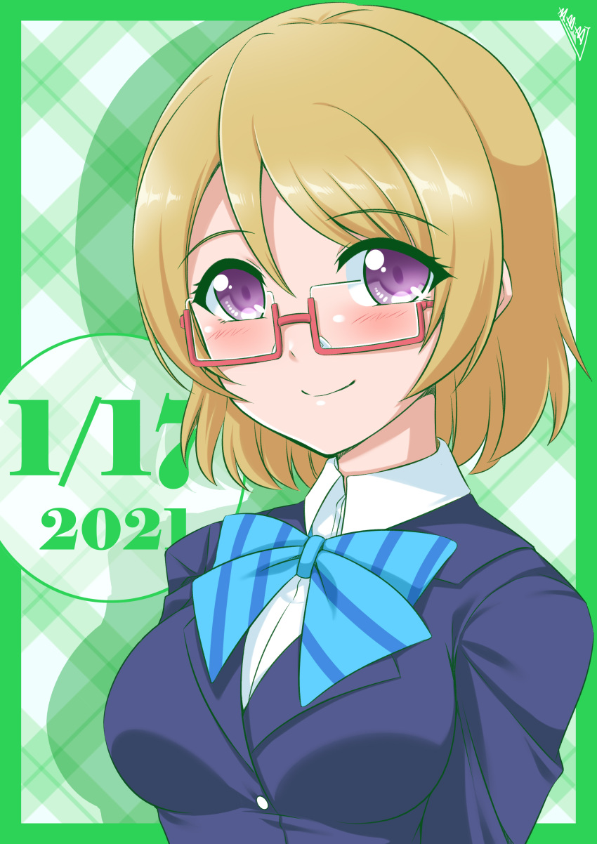 1girl absurdres bangs birthday blush breasts brown_hair bunji commentary dated eyebrows_visible_through_hair glasses highres koizumi_hanayo large_breasts looking_at_viewer love_live! love_live!_school_idol_project otonokizaka_school_uniform red-framed_eyewear school_uniform semi-rimless_eyewear shiny shiny_hair smile solo under-rim_eyewear upper_body violet_eyes