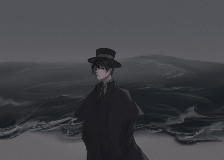 1boy absurdres bangs beach black_eyes black_hair black_headwear chinese_commentary clouds cloudy_sky commentary_request dark ears empty_eyes fog hat highres huaisi945 klein_moretti lips looking_at_viewer lord_of_the_mysteries night night_sky ocean sand shaded_face shadow sky solo top_hat waves