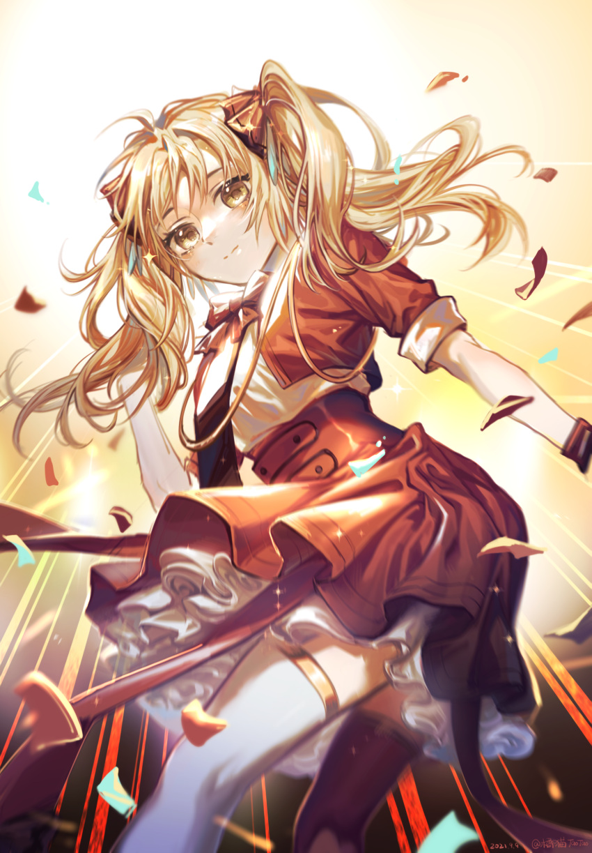 1girl ahoge arknights bangs blonde_hair commentary_request confetti feet_out_of_frame highres jumaodajituizi long_hair looking_at_viewer miniskirt petticoat pinecone_(arknights) pinecone_(sing_a_song)_(arknights) red_shirt red_skirt shirt short_sleeves skirt skirt_set solo twintails yellow_eyes