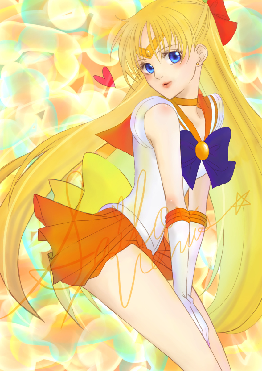 1girl ;d aino_minako arm_behind_head arms_up bare_legs bishoujo_senshi_sailor_moon blonde_hair blue_bow blue_eyes bow breasts collarbone commentary cowboy_shot earrings elbow_gloves eyelashes frilled_skirt frills gloves hair_bow hair_ornament hair_ribbon highleg highleg_leotard highres itsukiseina jewelry knee_up leotard long_hair looking_at_viewer magical_girl medium_breasts open_mouth orange_skirt parody red_bow ribbon sailor_venus shiny shiny_hair short_sleeves skirt smile solo sparkle_background thighs tiara white_gloves white_leotard