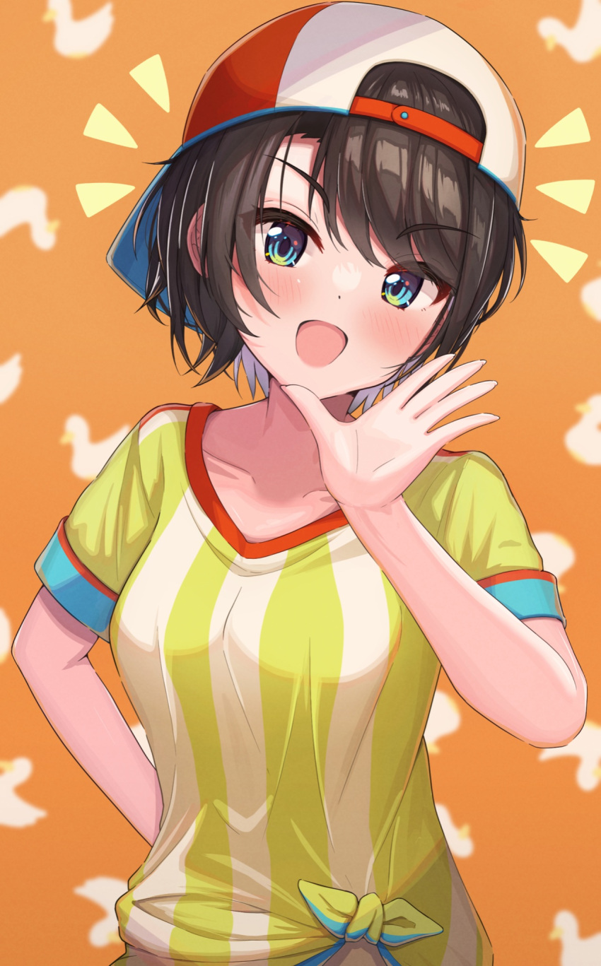 1girl :d animal_background backwards_hat bangs baseball_cap blue_eyes blush breasts brown_hair commentary_request eyebrows_visible_through_hair hair_ornament hat highres hololive looking_at_viewer medium_breasts oozora_subaru shirt short_hair short_sleeves smile solo striped striped_shirt suicabar72 upper_body vertical-striped_shirt vertical_stripes virtual_youtuber