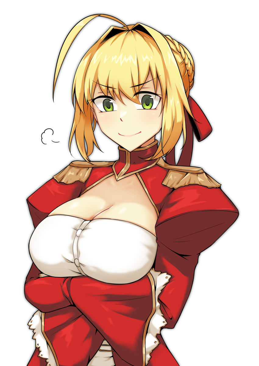 1girl ahoge blonde_hair braid breasts cleavage commentary_request dress epaulettes fate/extra fate/grand_order fate_(series) french_braid ghost_of_mosa green_eyes hair_intakes hair_ribbon juliet_sleeves large_breasts long_sleeves nero_claudius_(fate) nero_claudius_(fate)_(all) puffy_sleeves red_dress red_ribbon ribbon saber_extra see-through solo wide_sleeves