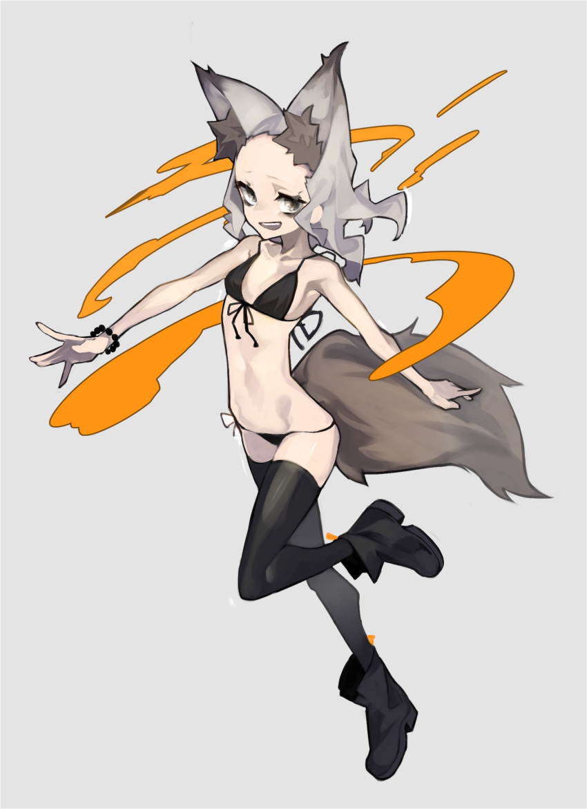 1girl animal_ear_fluff animal_ears balance_(superdust) bare_arms bead_bracelet beads bikini black_bikini black_footwear black_legwear boots bracelet breasts collarbone commentary_request fox_ears fox_tail full_body grey_background grey_eyes grey_hair highres jewelry long_hair looking_at_viewer open_mouth original simple_background small_breasts smile solo stomach swimsuit tail thigh-highs