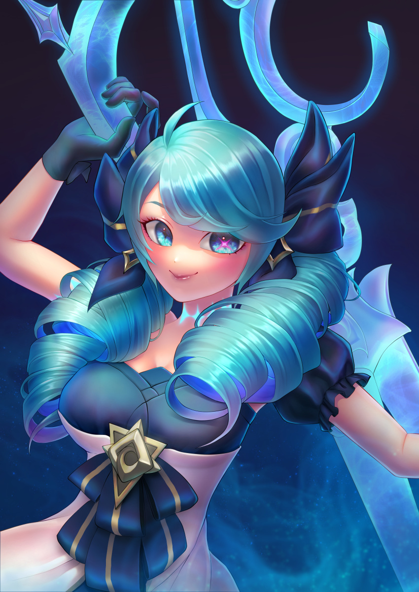 1girl absurdres ahoge bangs black_bow black_gloves blue_background blue_eyes blue_hair bow breasts collarbone drill_hair gloves gwen_(league_of_legends) hair_bow hand_up highres kyu_ire_ne large_breasts league_of_legends long_hair oversized_object puffy_short_sleeves puffy_sleeves scissors shiny shiny_hair short_sleeves smile solo swept_bangs twin_drills twintails