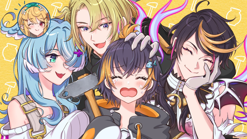 2boys 3girls ^_^ bangs black_hair black_hoodie blonde_hair closed_eyes crying elira_pendora eyebrows_visible_through_hair fish_hair_ornament getting_over_it gloves grey_overalls hair_behind_ear hair_ornament hair_over_one_eye hammer hand_on_another's_head highres holding holding_hammer hood hoodie jacket luca_kaneshiro mugimugigo multicolored_hair multiple_boys multiple_girls nijisanji nijisanji_en one_eye_closed one_eye_covered orange_hair overalls petra_gurin pointy_ears pomu_rainpuff shu_yamino smile streaked_hair two-tone_hoodie violet_eyes virtual_youtuber white_gloves white_hoodie white_jacket