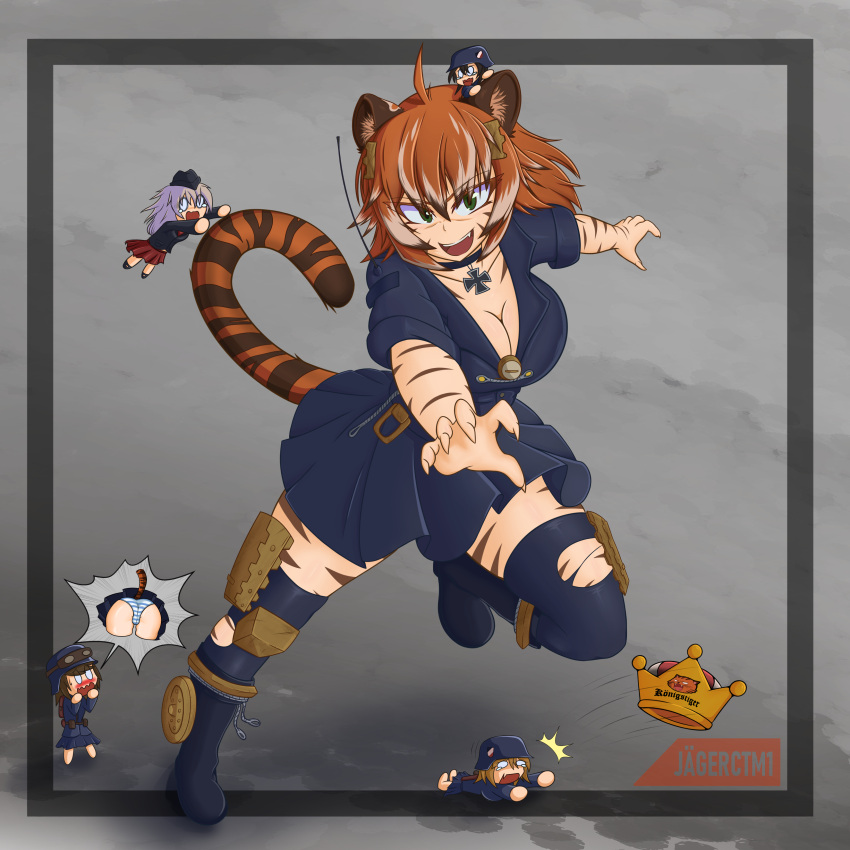 1girl absurdres animal_ears breasts brown_hair full_body green_eyes hat highres large_breasts long_hair looking_at_another looking_at_viewer military military_hat multicolored_hair open_mouth orange_hair original short_hair smile source_request tail thigh-highs tiger_girl