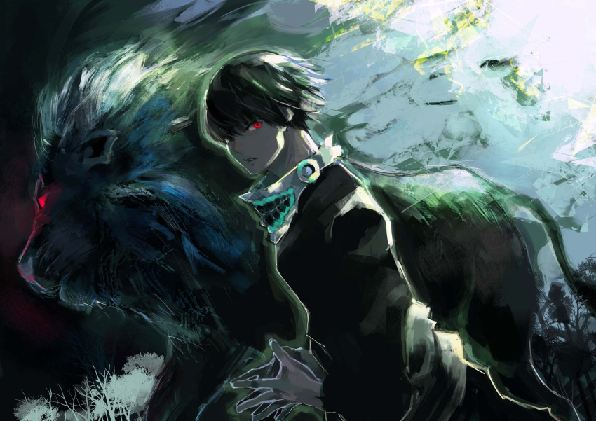 1boy absurdres bangs black_background black_eyes black_shirt black_skin colored_skin flower from_side glowing glowing_eyes grey_background heterochromia highres kaneki_ken kyuuba_melo lion long_sleeves looking_at_viewer mask mask_around_neck melanism mouth_mask red_eyes shirt solo tagme tokyo_ghoul