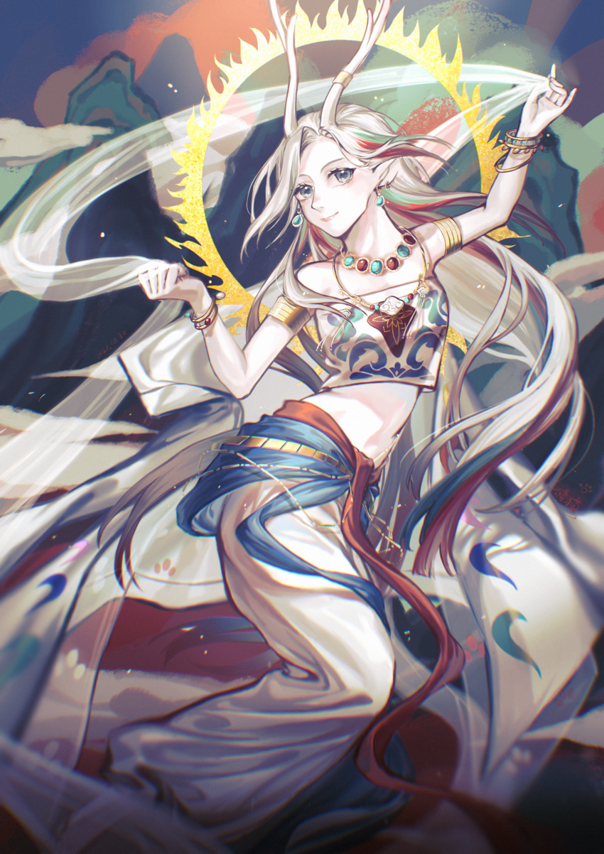 1girl a_deer_of_nine_colors absurdres animal_ears antlers arknights arm_up armlet bangle blue_hair bracelet chinese_commentary commentary_request crop_top deer_antlers deer_ears earrings grey_eyes hand_up highres holding jewelry jumaodajituizi long_hair looking_at_viewer midriff multicolored_hair navel necklace nine-colored_deer pants red_sash redhead sash shawl shirt silver_hair smile solo stomach strapless strapless_shirt streaked_hair white_pants