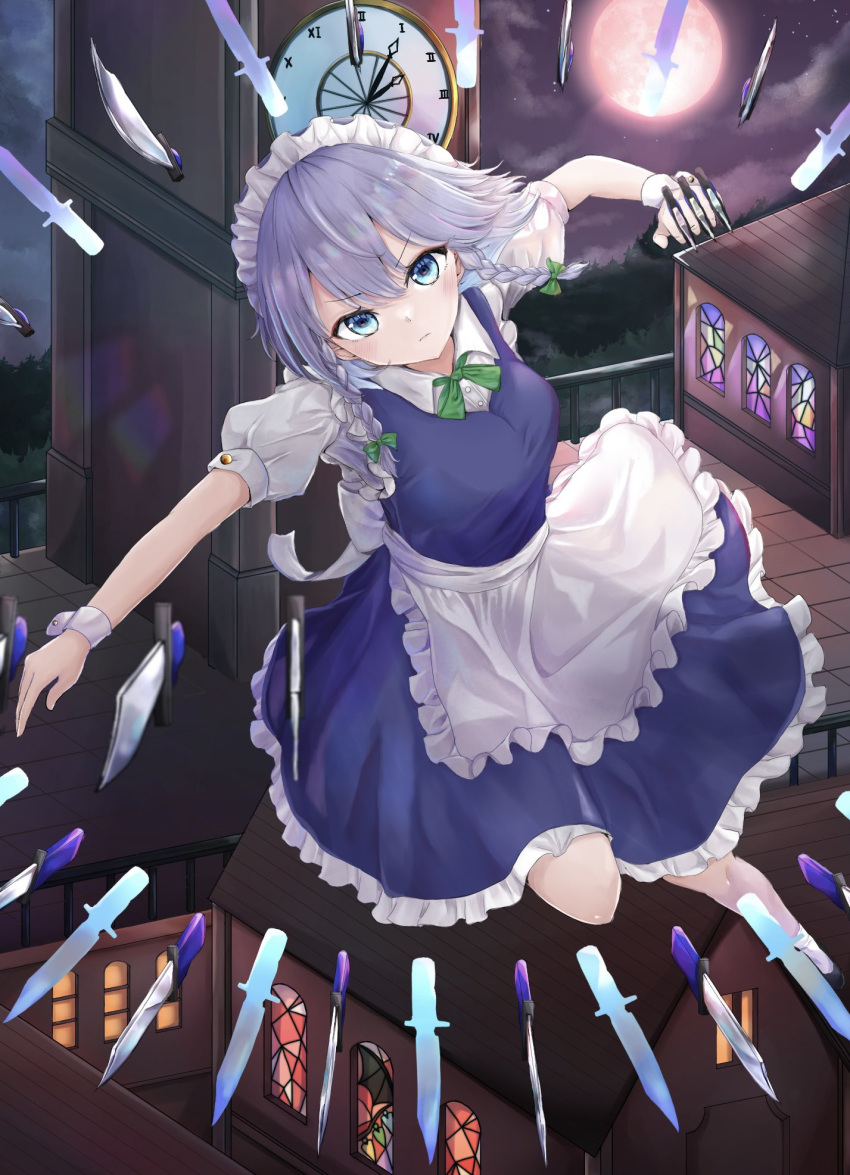 1girl apron arm_up back_bow bangs between_fingers black_footwear blue_dress blue_eyes bow braid breasts clock clock_tower commentary_request danmaku dress frilled_dress frills full_moon green_neckwear green_ribbon hair_ribbon high_heels highres holding holding_knife izayoi_sakuya knife knives_between_fingers large_breasts lips looking_at_viewer maid maid_apron maid_headdress moon night open_mouth puffy_short_sleeves puffy_sleeves remitei03 ribbon sash scarlet_devil_mansion serious shirt short_hair short_sleeves silver_hair socks solo thighs touhou tower tress_ribbon twin_braids white_legwear white_sash white_shirt wrist_cuffs