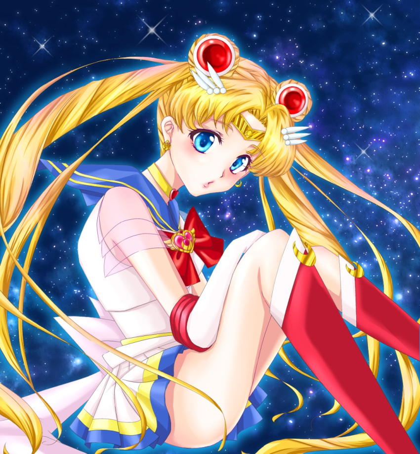 1girl arms_up bishoujo_senshi_sailor_moon bishoujo_senshi_sailor_moon_crystal blonde_hair blue_eyes blush bow brooch butterfly choker crescent double_bun elbow_gloves gloves hair_ornament jewelry long_hair magical_girl pleated_skirt red_bow red_choker revision sailor_moon school_uniform serafuku skirt solo sorako_(bluechocomint) star super_sailor_moon tsukino_usagi twintails very_long_hair white_gloves