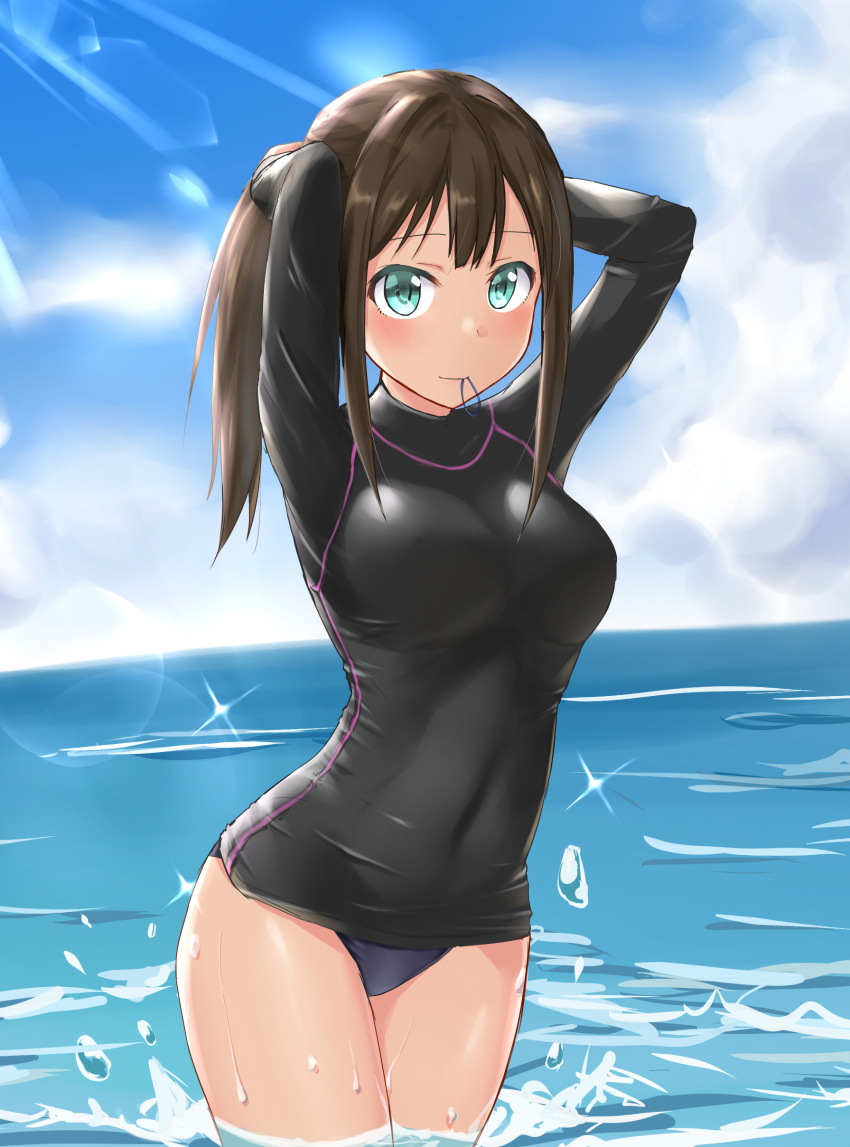 1girl absurdres adjusting_hair aimobake bangs blue_sky blue_swimsuit blush brown_hair closed_mouth clouds cloudy_sky commentary_request covered_navel day dutch_angle green_eyes hair_tie_in_mouth hands_in_hair highres horizon idolmaster idolmaster_cinderella_girls lens_flare long_hair long_sleeves looking_at_viewer mouth_hold ocean one-piece_swimsuit ponytail rash_guard shibuya_rin sidelocks sky solo standing sunlight swimsuit wading water water_drop wet