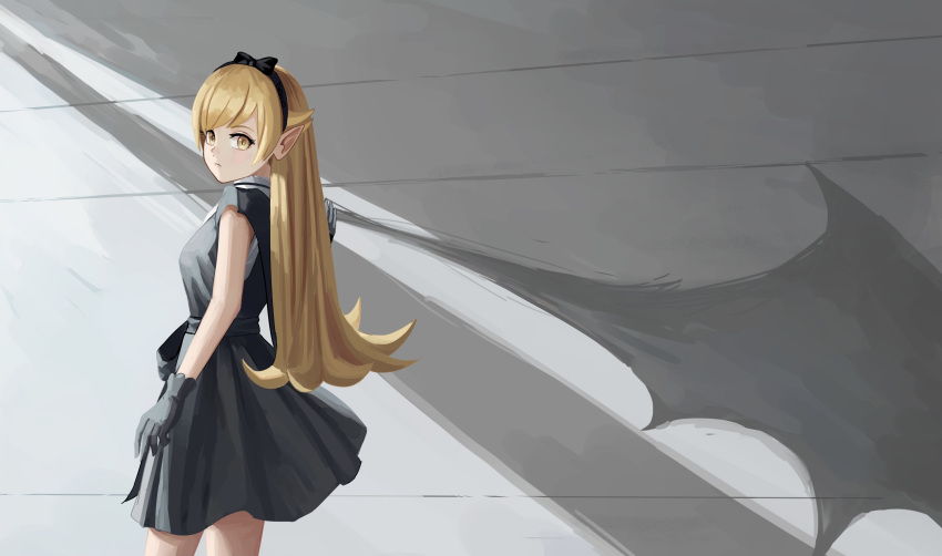 1girl absurdres black_bow black_dress black_gloves black_hairband blonde_hair bow bow_hairband closed_mouth commentary_request cowboy_shot dress gloves hairband highres long_hair looking_at_viewer looking_back monogatari_(series) nemo_ringo oshino_shinobu pointy_ears shadow short_sleeves solo yellow_eyes