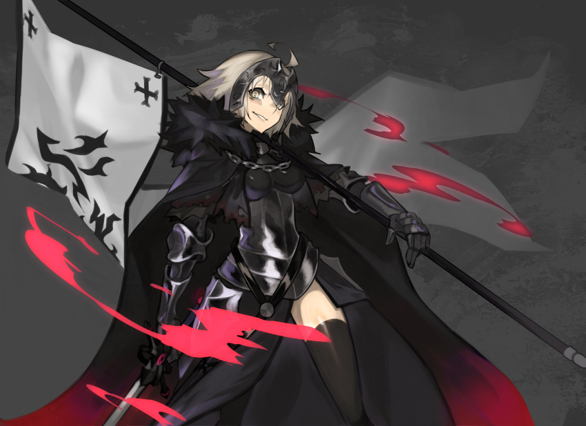 1girl ahoge armor balance_(superdust) belt black_cape black_legwear breastplate cape chain commentary_request cowboy_shot fate/grand_order fate_(series) flag fur_collar gauntlets grey_background grey_eyes grey_hair headpiece highres holding holding_flag jeanne_d'arc_(alter)_(fate) jeanne_d'arc_(fate) looking_at_viewer parted_lips short_hair smile solo thigh-highs waist_cape