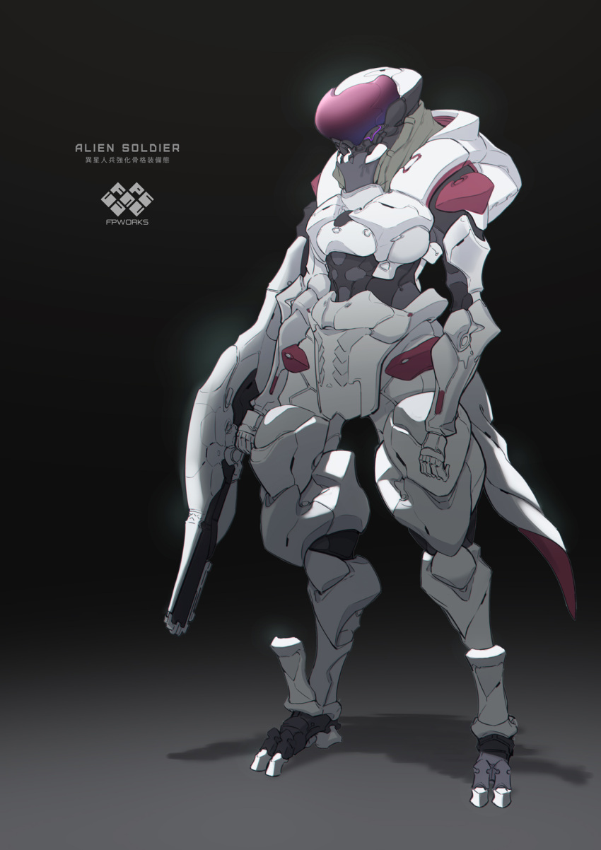 alien armor artist_name beam_rifle digitigrade energy_gun english_text exoskeleton fukai_ryosuke helmet highres holding holding_weapon no_humans original tail weapon