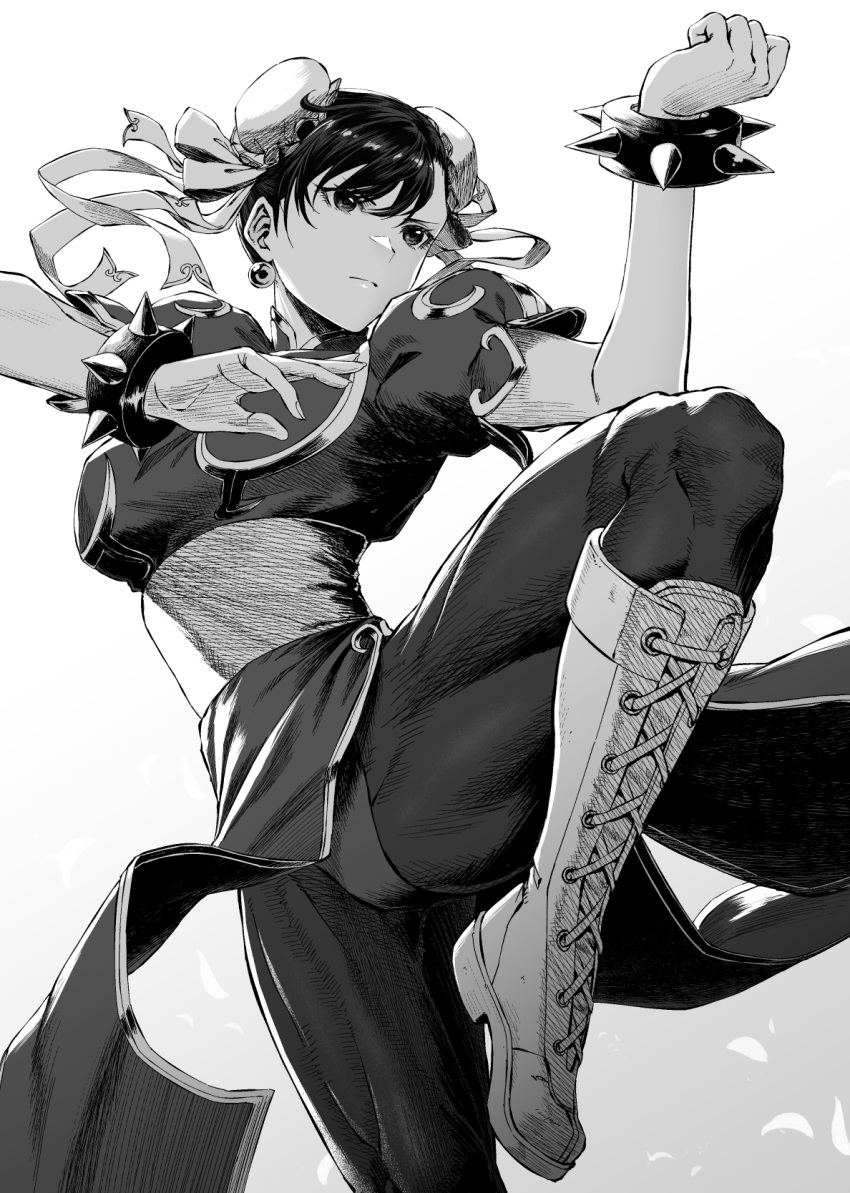 1girl arm_up bangs boots bracelet bun_cover china_dress chinese_clothes chun-li clenched_hand closed_mouth commentary_request cross-laced_footwear double_bun dress earrings fighting_stance gradient gradient_background greyscale hair_between_eyes hair_ribbon hand_up highres jewelry knee_boots lace-up_boots leg_up looking_away monochrome mugetsu2501 muscular muscular_female pantyhose pelvic_curtain puffy_short_sleeves puffy_sleeves ribbon sash shiny shiny_hair short_hair short_sleeves solo spiked_bracelet spikes standing standing_on_one_leg street_fighter white_background