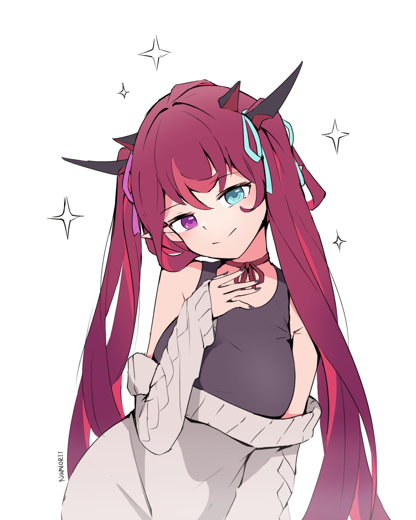 1girl absurdres bare_shoulders blouse bow breasts choker clothes_lift demon_girl demon_horns hair_ornament hair_ribbon heterochromia highres hololive hololive_english horns irys_(hololive) long_hair looking_at_viewer medium_breasts multicolored_hair nail_polish namii_(namialus_m) pointy_ears red_blouse redhead ribbon signature simple_background smile solo sparkle star_(symbol) sweater sweater_lift twintails very_long_hair virtual_youtuber white_background